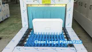 Commercial dishwasher large plate cleaning test in progress