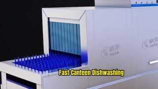 Long-line conveyor dishwasher for factory canteens
